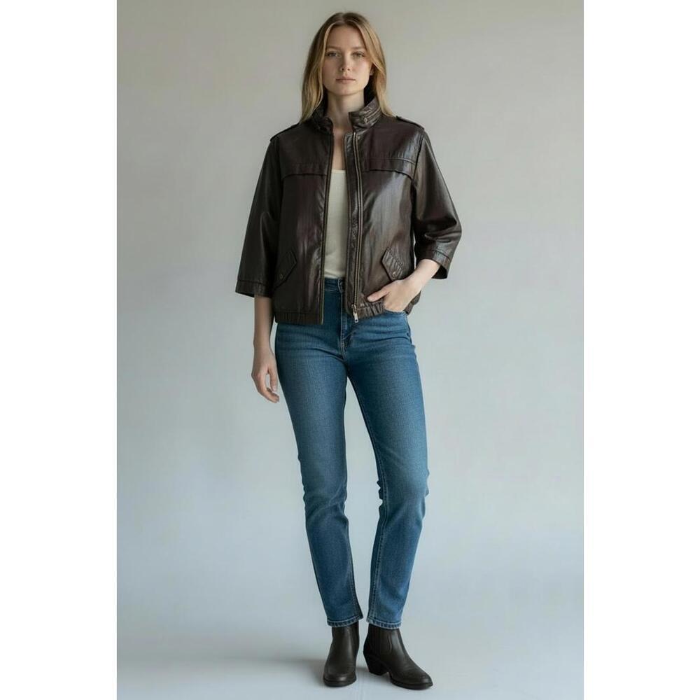 Chico's Brown Waxed Shiny 3/4 Sleeve Bomber Jacket, Size 2 (US 12)